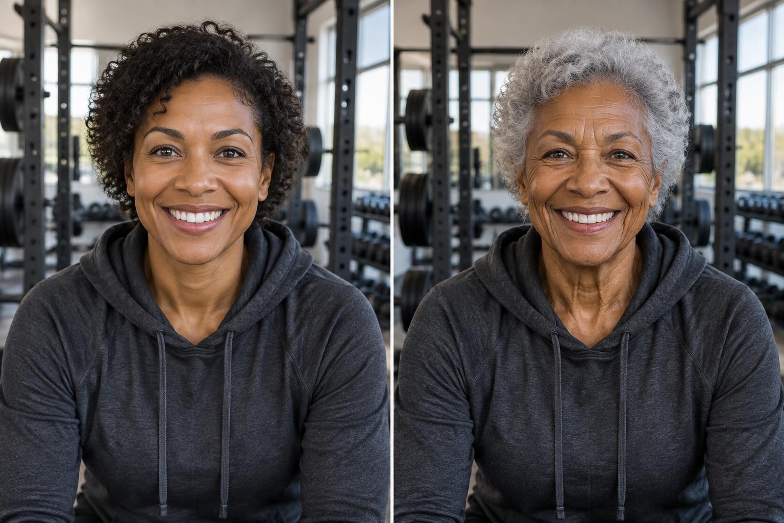 The same smiling athlete today and as a strong older adult